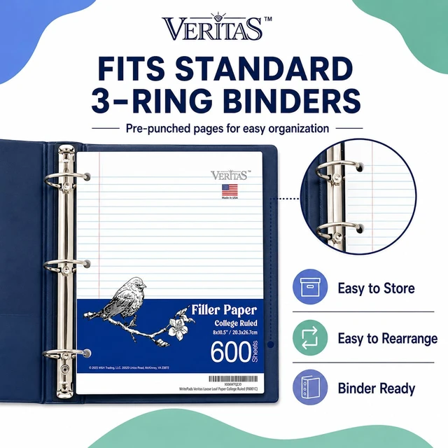 Alt view image 5 of 7 - College Ruled Loose Leaf Paper, 600 Sheets Bulk Notebook Paper, 8"x10-1/2" 3 Hole Punched Filler Paper, Fits Standard 3-Ring Binder, 65lb Thick Paper, Made in USA