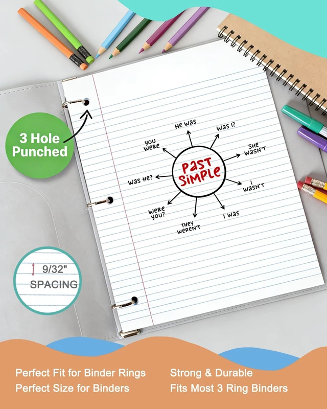 Alt view image 6 of 7 - College Ruled Loose Leaf Paper, 600 Sheets Bulk Notebook Paper, 8"x10-1/2" 3 Hole Punched Filler Paper, Fits Standard 3-Ring Binder, 65lb Thick Paper, Made in USA