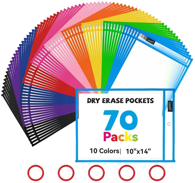 Main image of 70 Pack Dry Erase Pockets, 10x14 Reusable Sleeves, 10 Colors 70 reusable PVC pockets hold 8.5 x 11 and 9 x 12 sheets; double sided wipe clean surfaces, pen loops, eyelets, and 5 rings