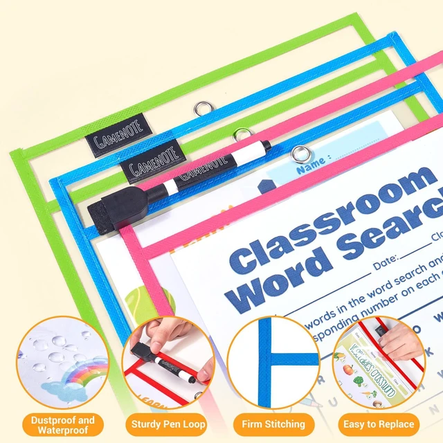 Alt view image 2 of 7 - 30 Pack Dry Erase Pockets, 10x14 Reusable Sleeves, 10 Colors 30 reusable PVC pockets hold 8.5 x 11 and 9 x 12 sheets; double sided wipe clean surfaces, pen loops, eyelets, and 5 rings
