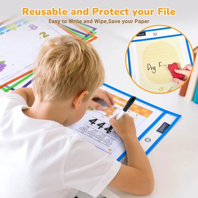 Alt view image 3 of 7 - 30 Pack Dry Erase Pockets, 10x14 Reusable Sleeves, 10 Colors 30 reusable PVC pockets hold 8.5 x 11 and 9 x 12 sheets; double sided wipe clean surfaces, pen loops, eyelets, and 5 rings