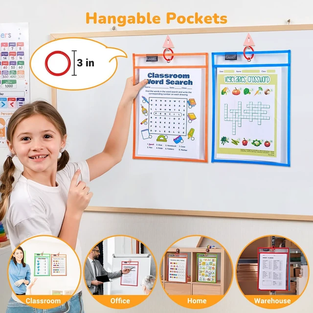 Alt view image 5 of 7 - 30 Pack Dry Erase Pockets, 10x14 Reusable Sleeves, 10 Colors 30 reusable PVC pockets hold 8.5 x 11 and 9 x 12 sheets; double sided wipe clean surfaces, pen loops, eyelets, and 5 rings