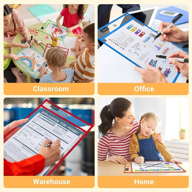 Alt view image 7 of 7 - 30 Pack Dry Erase Pockets, 10x14 Reusable Sleeves, 10 Colors 30 reusable PVC pockets hold 8.5 x 11 and 9 x 12 sheets; double sided wipe clean surfaces, pen loops, eyelets, and 5 rings