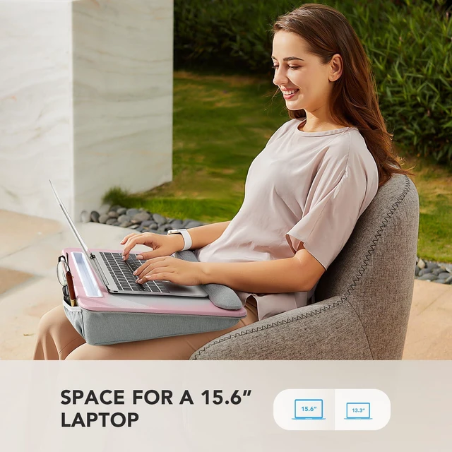 Alt view image 2 of 7 - Laptop Lap Desk with Cushion, Fit up to 15.6" Laptop, Pink Portable Lap Desk with Pillow Cushion, Anti-Slip Strip & Storage Function for Home Office Students as Computer Laptop Stand