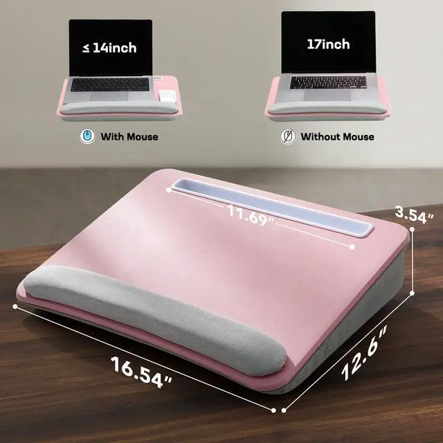Alt view image 3 of 7 - Laptop Lap Desk with Cushion, Fit up to 15.6" Laptop, Pink Portable Lap Desk with Pillow Cushion, Anti-Slip Strip & Storage Function for Home Office Students as Computer Laptop Stand