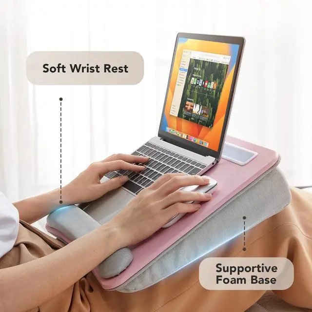 Alt view image 4 of 7 - Laptop Lap Desk with Cushion, Fit up to 15.6" Laptop, Pink Portable Lap Desk with Pillow Cushion, Anti-Slip Strip & Storage Function for Home Office Students as Computer Laptop Stand