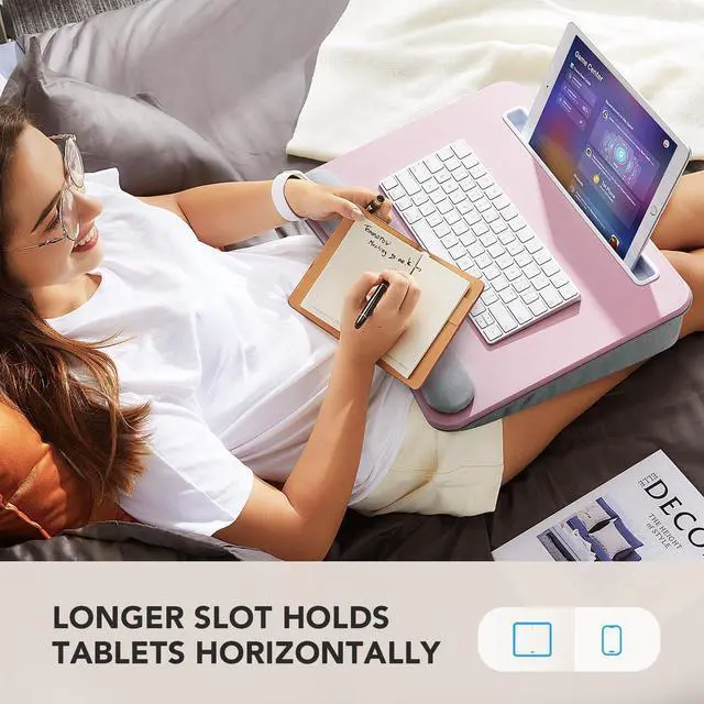 Alt view image 5 of 7 - Laptop Lap Desk with Cushion, Fit up to 15.6" Laptop, Pink Portable Lap Desk with Pillow Cushion, Anti-Slip Strip & Storage Function for Home Office Students as Computer Laptop Stand