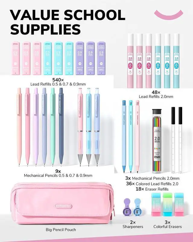 Alt view image 7 of 7 - 36PCS Mechanical Pencil Set with 624 Lead Refills (Light Pink) 0.5mm, 0.7mm, 0.9mm & 2.0mm Mechanical Pencils, Aesthetic School Supplies for Writing, Drawing, Drafting and Note-Taking