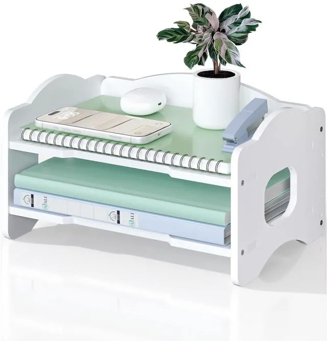 Main image of Desk File Organizer, 2 Tier Stackable Desktop Paper Letter Tray Organizer with Handle, Office Desk Accessories & Workspace Organizers for Office, Home, School Supplies, 1 Pack, White