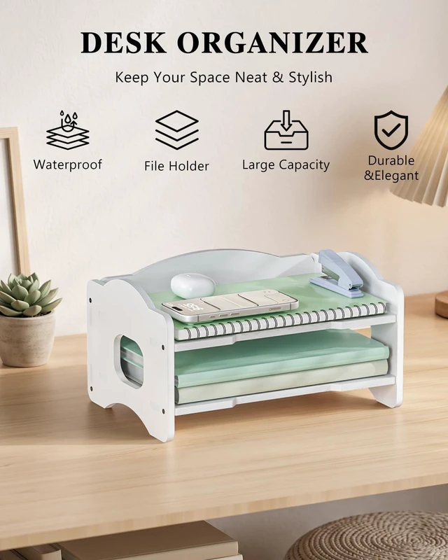 Alt view image 3 of 7 - Desk File Organizer, 2 Tier Stackable Desktop Paper Letter Tray Organizer with Handle, Office Desk Accessories & Workspace Organizers for Office, Home, School Supplies, 1 Pack, White