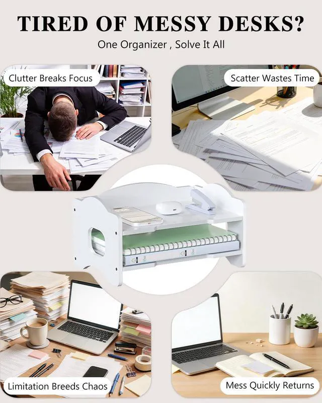Alt view image 2 of 7 - Desk File Organizer, 2 Tier Stackable Desktop Paper Letter Tray Organizer with Handle, Office Desk Accessories & Workspace Organizers for Office, Home, School Supplies, 1 Pack, White