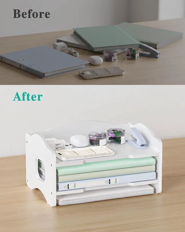 Alt view image 4 of 7 - Desk File Organizer, 2 Tier Stackable Desktop Paper Letter Tray Organizer with Handle, Office Desk Accessories & Workspace Organizers for Office, Home, School Supplies, 1 Pack, White