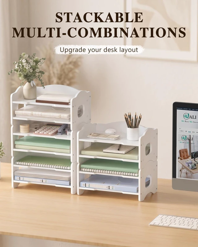 Alt view image 7 of 7 - Desk File Organizer, 2 Tier Stackable Desktop Paper Letter Tray Organizer with Handle, Office Desk Accessories & Workspace Organizers for Office, Home, School Supplies, 1 Pack, White