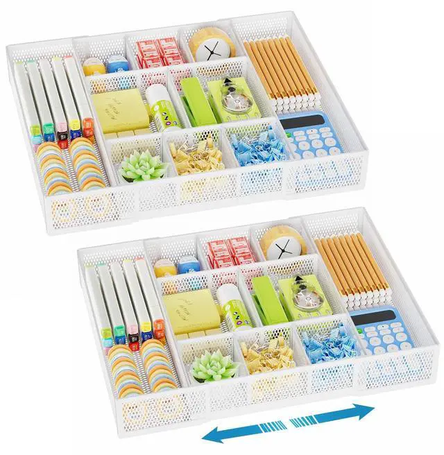 Main image of Expandable Desk Drawer Organizer, Mesh Drawer Organizer Tray with 10 Adjustable Compartments, Desk Organizers and Accessories for Office Supplies, Makeup & Vanity (Expandable White-2 pack)