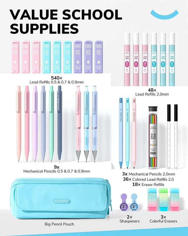 Alt view image 7 of 7 - 36PCS Mechanical Pencil Set with 624 Lead Refills (Light Blue) 0.5mm, 0.7mm, 0.9mm & 2.0mm Mechanical Pencils, Aesthetic School Supplies for Writing, Drawing, Drafting and Note-Taking