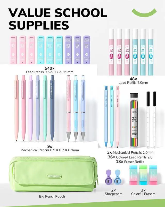 Alt view image 7 of 7 - 36PCS Mechanical Pencil Set with 624 Lead Refills(Light Green) 0.5mm, 0.7mm, 0.9mm & 2.0mm Mechanical Pencils, Aesthetic School Supplies for Writing, Drawing, Drafting and Note-Taking