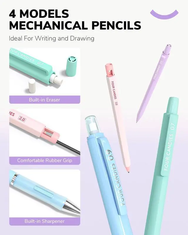 Alt view image 3 of 7 - 36PCS Mechanical Pencil Set with 624 Refills (Light Purple) 0.5mm, 0.7mm, 0.9mm & 2.0mm Mechanical Pencils, Aesthetic School Supplies for Writing, Drawing, Drafting and Note-Taking