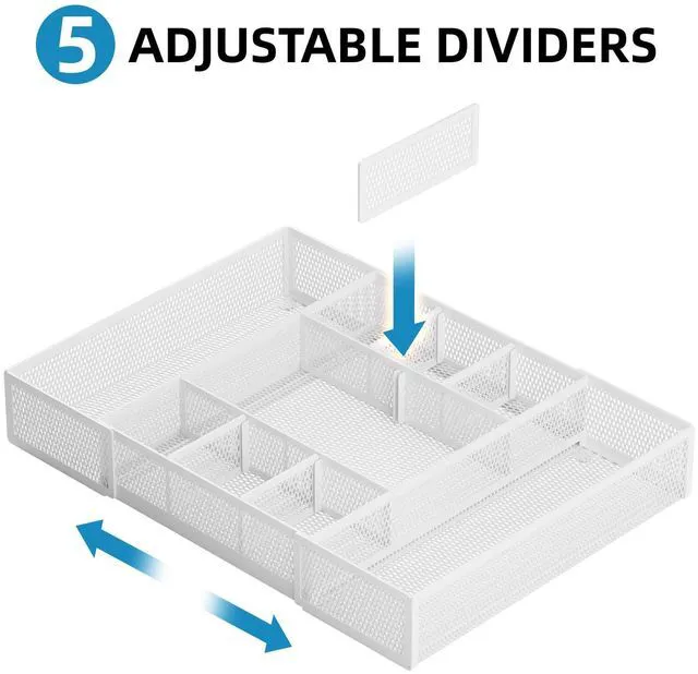 Alt view image 3 of 7 - Expandable Desk Drawer Organizer, Mesh Drawer Organizer Tray with 10 Adjustable Compartments, Desk Organizers and Accessories for Office Supplies, Makeup & Vanity (Expandable White-2 pack)
