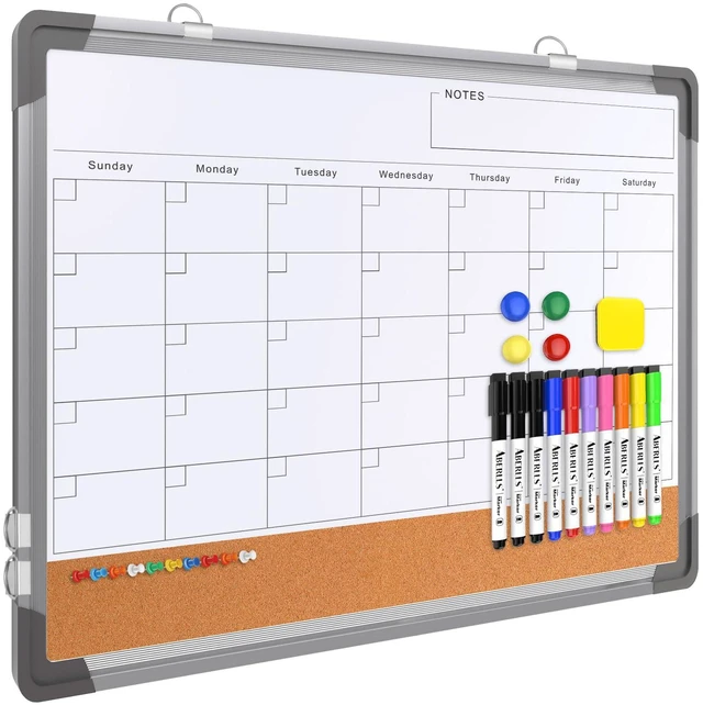 Main image of Monthly Calendar Whiteboard for Wall, 24x18 Inches Dry Erase Board with Cork Board Combo, Magnetic White Board, Double-Sided Hanging Portable Board for Office School Home Kitchen Planner Memo