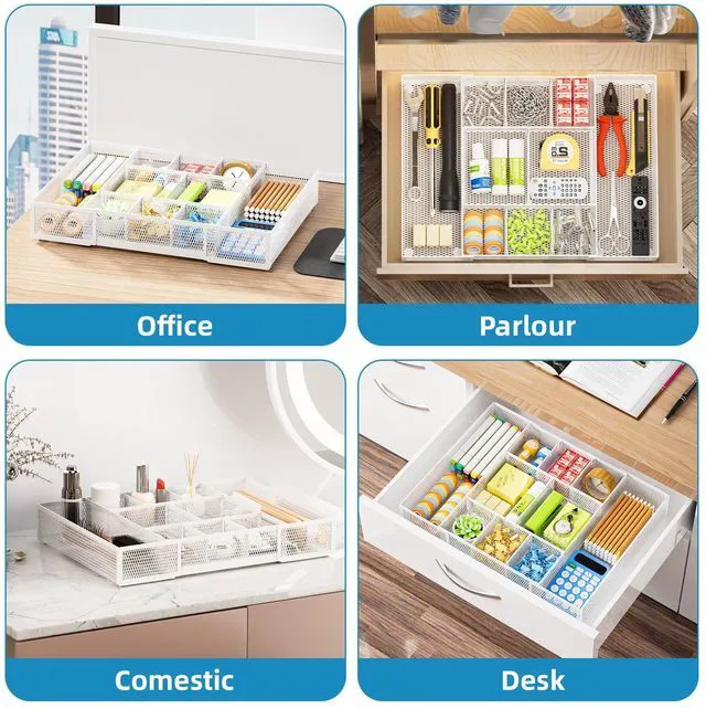 Alt view image 4 of 7 - Expandable Desk Drawer Organizer, Mesh Drawer Organizer Tray with 10 Adjustable Compartments, Desk Organizers and Accessories for Office Supplies, Makeup & Vanity (Expandable White-2 pack)
