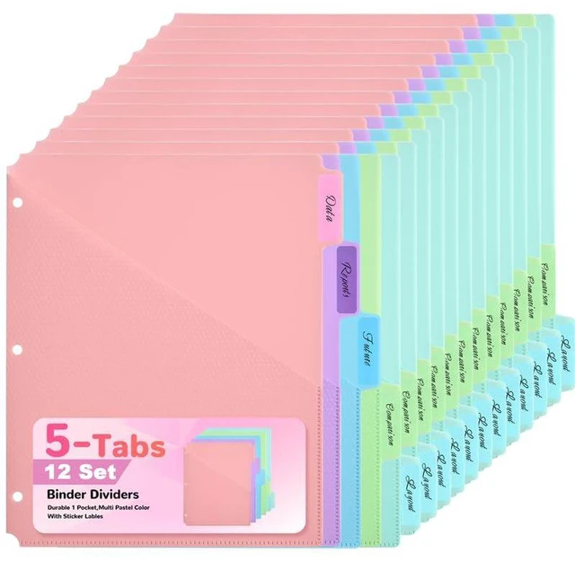 Main image of 5-Tab Binder Dividers with Pockets - Heavy Duty Plastic Dividers for 3 Ring Binder, Letter Size Poly Page Separators with Tabs & Label Stickers, Diamond Texture, 5 Pastel Colors, 12-Pack