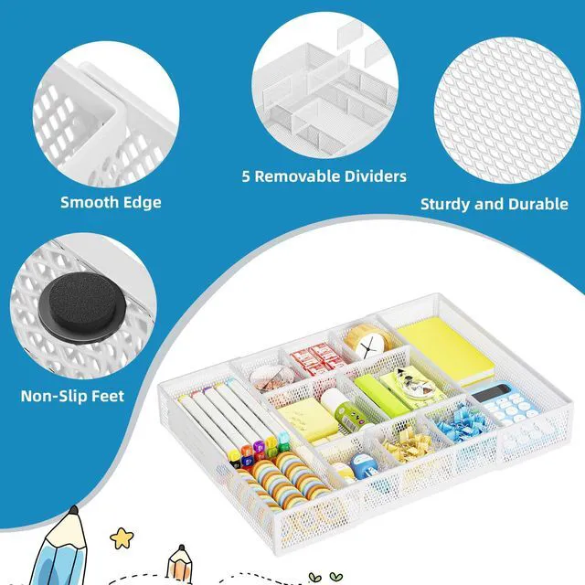 Alt view image 6 of 7 - Expandable Desk Drawer Organizer, Mesh Drawer Organizer Tray with 10 Adjustable Compartments, Desk Organizers and Accessories for Office Supplies, Makeup & Vanity (Expandable White-2 pack)