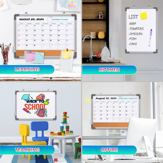 Alt view image 3 of 7 - Monthly Calendar Whiteboard for Wall, 24x18 Inches Dry Erase Board with Cork Board Combo, Magnetic White Board, Double-Sided Hanging Portable Board for Office School Home Kitchen Planner Memo