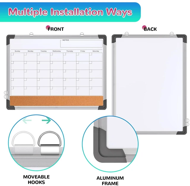 Alt view image 6 of 7 - Monthly Calendar Whiteboard for Wall, 24x18 Inches Dry Erase Board with Cork Board Combo, Magnetic White Board, Double-Sided Hanging Portable Board for Office School Home Kitchen Planner Memo