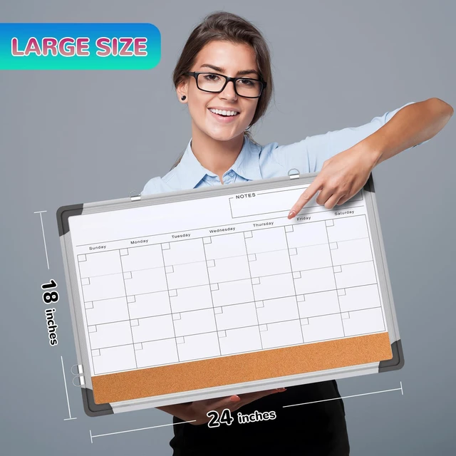 Alt view image 4 of 7 - Monthly Calendar Whiteboard for Wall, 24x18 Inches Dry Erase Board with Cork Board Combo, Magnetic White Board, Double-Sided Hanging Portable Board for Office School Home Kitchen Planner Memo