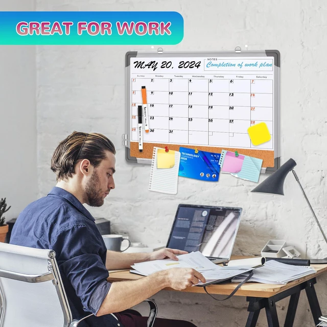 Alt view image 5 of 7 - Monthly Calendar Whiteboard for Wall, 24x18 Inches Dry Erase Board with Cork Board Combo, Magnetic White Board, Double-Sided Hanging Portable Board for Office School Home Kitchen Planner Memo