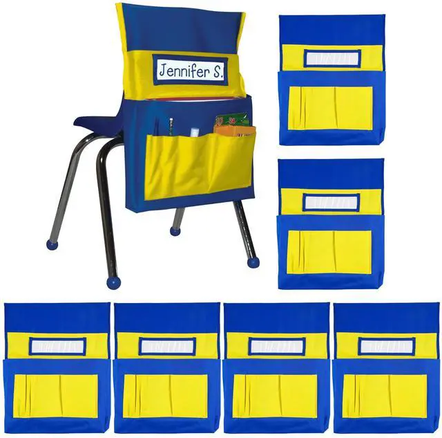Main image of Chair Pockets for Classroom, Yellow & Blue, 6-Pack Durable 15x19" Chairback Buddy for Classroom Supplies, Desk Buddy Pocket Organizer with Name Tag, Back of Chair Storage