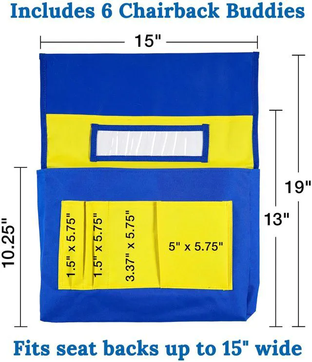 Alt view image 2 of 7 - Chair Pockets for Classroom, Yellow & Blue, 6-Pack Durable 15x19" Chairback Buddy for Classroom Supplies, Desk Buddy Pocket Organizer with Name Tag, Back of Chair Storage