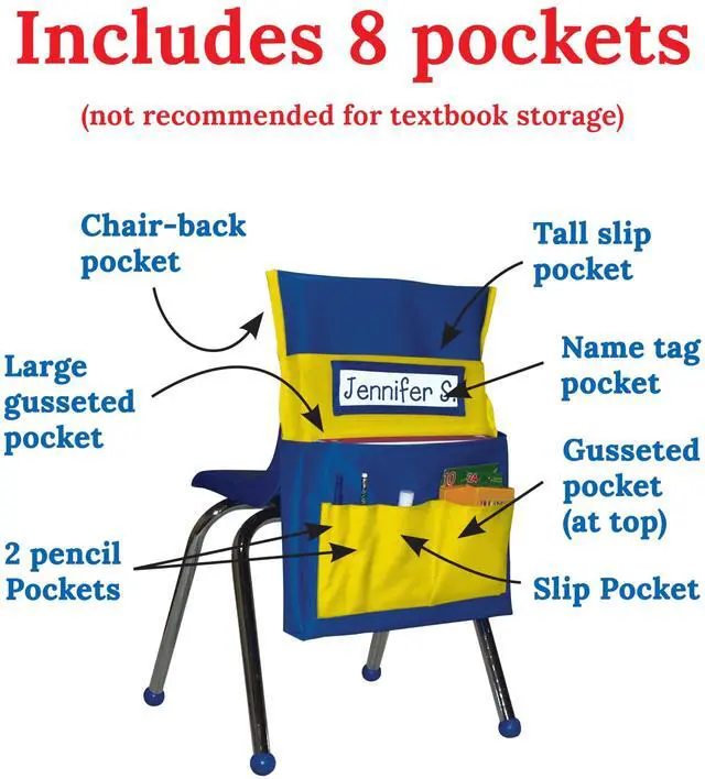 Alt view image 4 of 7 - Chair Pockets for Classroom, Yellow & Blue, 6-Pack Durable 15x19" Chairback Buddy for Classroom Supplies, Desk Buddy Pocket Organizer with Name Tag, Back of Chair Storage