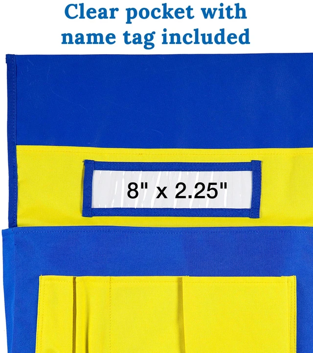 Alt view image 3 of 7 - Chair Pockets for Classroom, Yellow & Blue, 6-Pack Durable 15x19" Chairback Buddy for Classroom Supplies, Desk Buddy Pocket Organizer with Name Tag, Back of Chair Storage