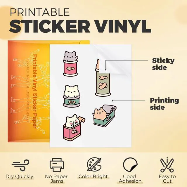 Alt view image 2 of 6 - Printable Vinyl Sticker Paper, 8.5"X11", 100 Sheets, Glossy White For Inkjet Printer, Dries Quickly, Waterproof, Anti-Curl, Jam-Free Design, Great Stickiness, Easy to Use & Peel