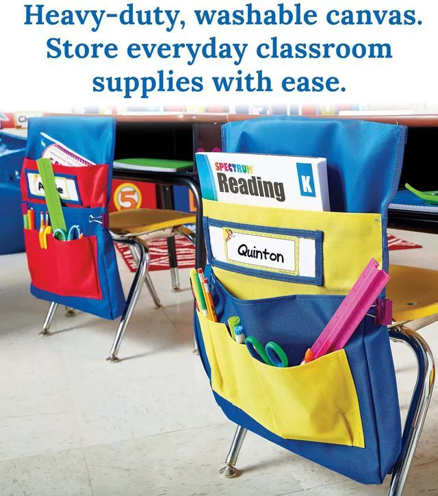 Alt view image 6 of 7 - Chair Pockets for Classroom, Yellow & Blue, 6-Pack Durable 15x19" Chairback Buddy for Classroom Supplies, Desk Buddy Pocket Organizer with Name Tag, Back of Chair Storage