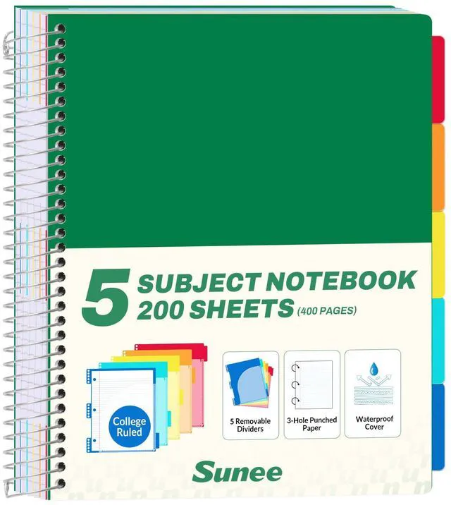 Main image of 5 Subject Notebook College Ruled - 400 Pages, 9"x11", 5 Pocket Colored Dividers, 3-Hole Punched Paper, Dark Green