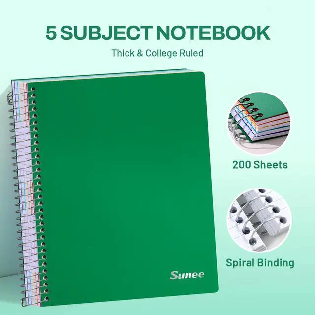 Alt view image 2 of 7 - 5 Subject Notebook College Ruled - 400 Pages, 9"x11", 5 Pocket Colored Dividers, 3-Hole Punched Paper, Dark Green