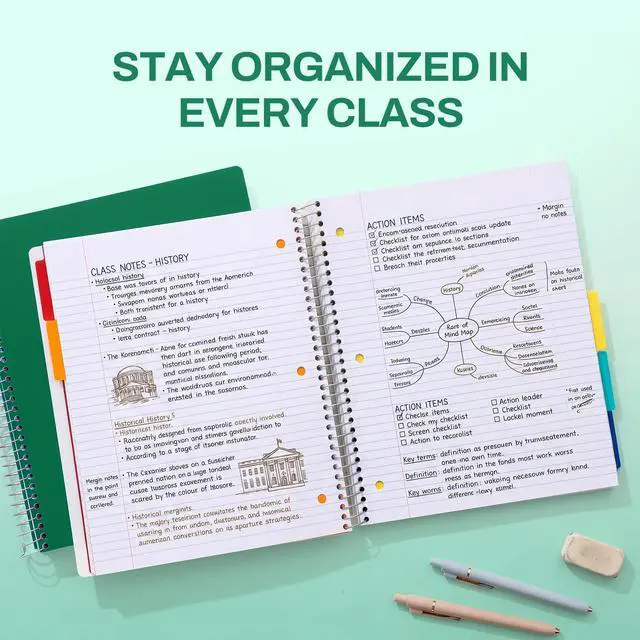 Alt view image 6 of 7 - 5 Subject Notebook College Ruled - 400 Pages, 9"x11", 5 Pocket Colored Dividers, 3-Hole Punched Paper, Dark Green