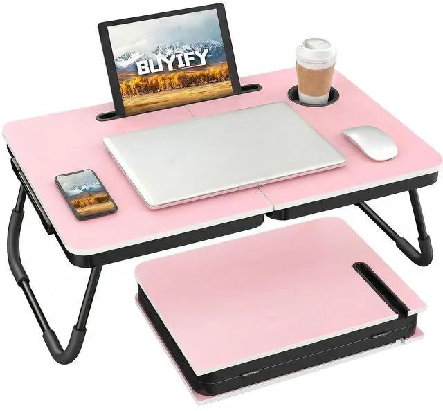 Main image of 23.4" Foldable Lap Desk Bed Table with Cup Holder Portable Tray Folds Flat for Easy Storage, No Assembly Laptop Bed Desk, Sturdy and Lightweight, Patent Design,Pink