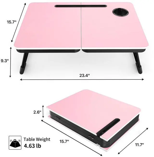 Alt view image 2 of 7 - 23.4" Foldable Lap Desk Bed Table with Cup Holder Portable Tray Folds Flat for Easy Storage, No Assembly Laptop Bed Desk, Sturdy and Lightweight, Patent Design,Pink