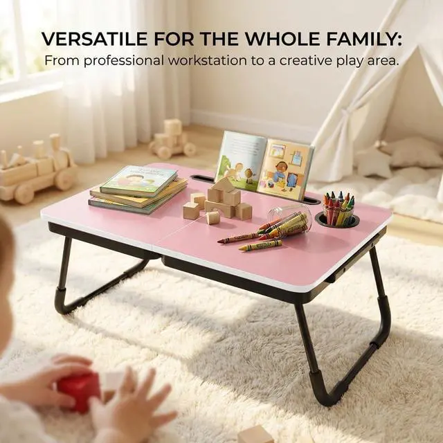 Alt view image 4 of 7 - 23.4" Foldable Lap Desk Bed Table with Cup Holder Portable Tray Folds Flat for Easy Storage, No Assembly Laptop Bed Desk, Sturdy and Lightweight, Patent Design,Pink