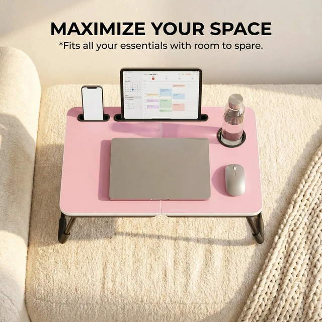 Alt view image 3 of 7 - 23.4" Foldable Lap Desk Bed Table with Cup Holder Portable Tray Folds Flat for Easy Storage, No Assembly Laptop Bed Desk, Sturdy and Lightweight, Patent Design,Pink