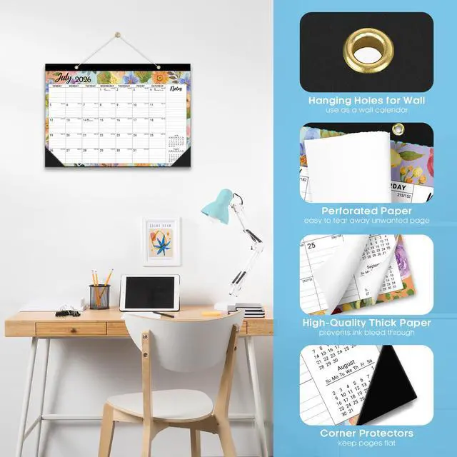 Alt view image 3 of 7 - Desk Calendar 2026-2027, Jul 2026-Dec 2027, 18-Month, 17" x 12" 18-Month Calendar, Large Monthly Desktop & Wall Calendar for Home & Office, Planning and Organization, Botanic Whimsy