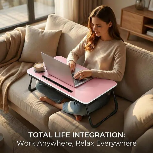 Alt view image 6 of 7 - 23.4" Foldable Lap Desk Bed Table with Cup Holder Portable Tray Folds Flat for Easy Storage, No Assembly Laptop Bed Desk, Sturdy and Lightweight, Patent Design,Pink