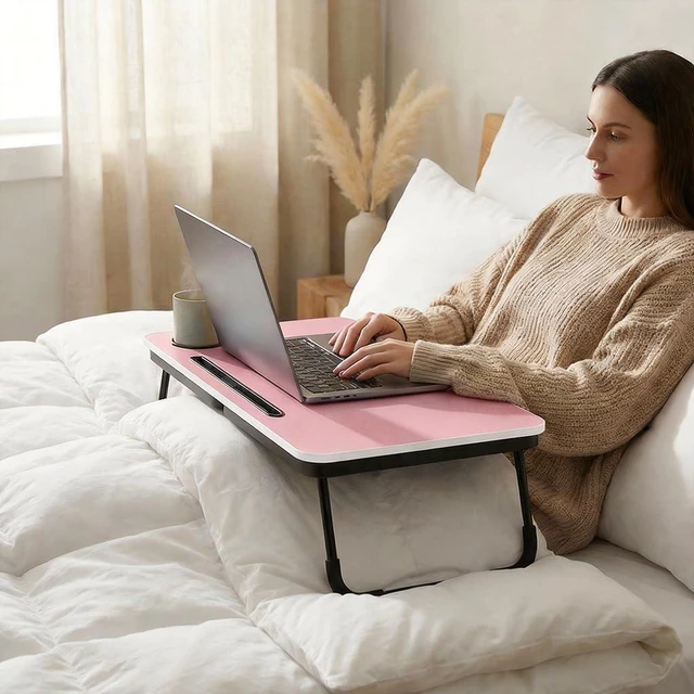 Alt view image 7 of 7 - 23.4" Foldable Lap Desk Bed Table with Cup Holder Portable Tray Folds Flat for Easy Storage, No Assembly Laptop Bed Desk, Sturdy and Lightweight, Patent Design,Pink