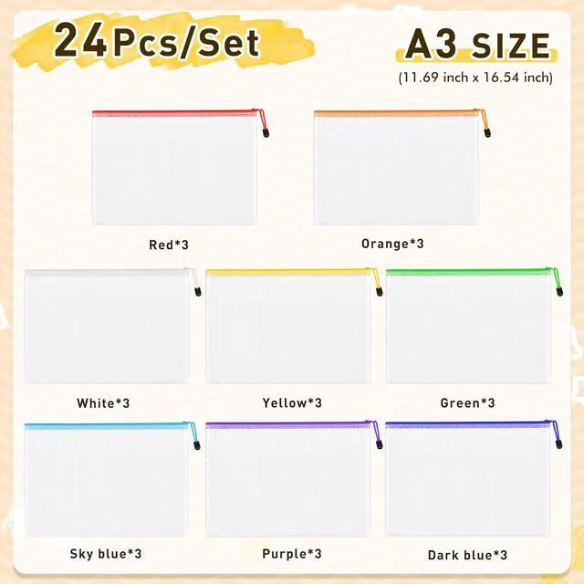 Alt view image 2 of 7 - 24pcs Mesh Zipper Pouch Bags, A3 Large Size 8 Colors Plastic Zipper Bags for Organizing Storage, Clear Pouches with Zipper, Waterproof Mesh Bags for Office Supplies, Home Organize, Travel Storage