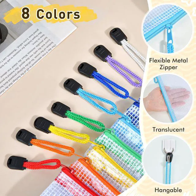 Alt view image 3 of 7 - 24pcs Mesh Zipper Pouch Bags, A3 Large Size 8 Colors Plastic Zipper Bags for Organizing Storage, Clear Pouches with Zipper, Waterproof Mesh Bags for Office Supplies, Home Organize, Travel Storage