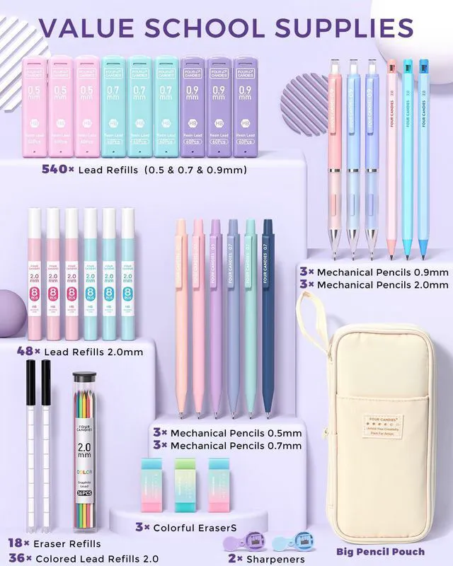 Alt view image 5 of 7 - 36PCS Mechanical Pencil Set with 624 Lead Refills (Cream) 0.5mm - 2.0mm Mechanical Pencils, Aesthetic School Supplies for Writing, Drawing, Drafting, Note-Taking & Back to School