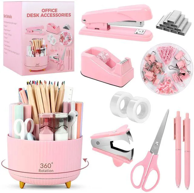 Main image of Pink Office Supplies Set, Pencil Holder for Desk,Gel Pen, Stapler, Tape Dispenser, Scissors,Clips and 1000pcs Staples, Office Decor for Women, Pink Desk Accessories